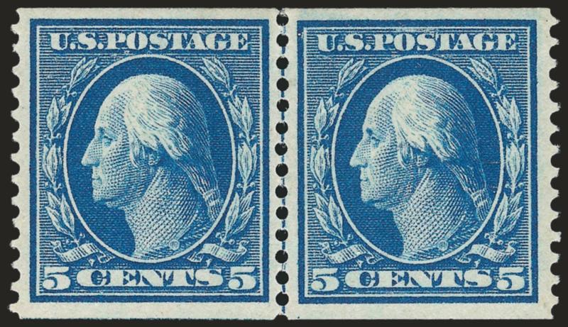 5c Blue, Coil (355).> Guide line pair, lightly hinged, unusually well-centered, fresh and crisp, Extremely Fine, with 1987 P.F. and 2009 P.S.E. certificates (OGph, XF 90 SMQ $1,850.00)