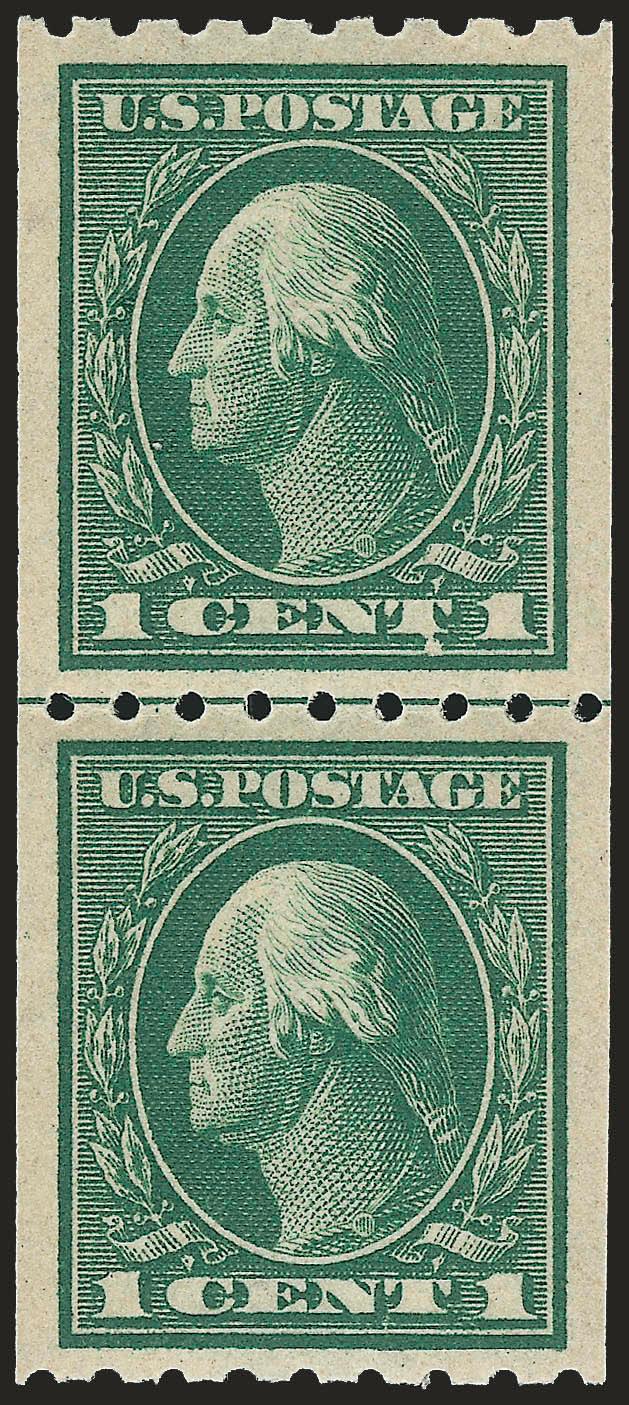 1c Green, Coil (410).> Mint N.H. guide line pair, deep rich color, wide and balanced margins, Extremely Fine Gem, with 2000 P.F. certificate