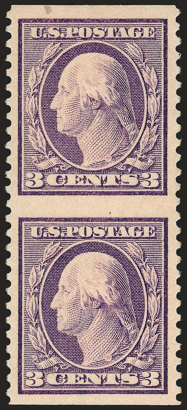 3c Light Violet, Ty. I, Vertical Pair, Imperforate Horizontally (501c).> Brilliant color, bottom stamp Mint N.H., unusually choice centering with wide margins at top and bottom, trivial natural inclusion at
top<><>^EXTREMELY FINE. AN EXCEEDINGLY RA