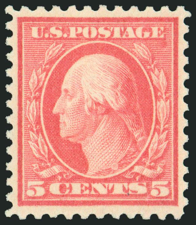 5c Rose, Error (505).> Mint N.H., brilliant color, beautifully centered with wide margins, post-office fresh and Extremely Fine example of this popular error, P.S.E. encapsulated (XF 90 SMQ $1,350.00)
