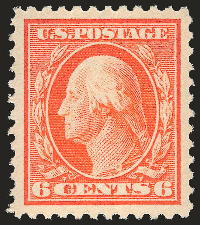 6c Red Orange (506).> Mint N.H., glorious perfectly balanced Jumbo margins, radiant color on fresh bright paper<><>^EXTREMELY FINE GEM. A PERFECT POST-OFFICE FRESH MINT NEVER-HINGED 6-CENT RED ORANGE 1917 ISSUE
SINGLE.^<><>With 2008 P.S.E. certif
