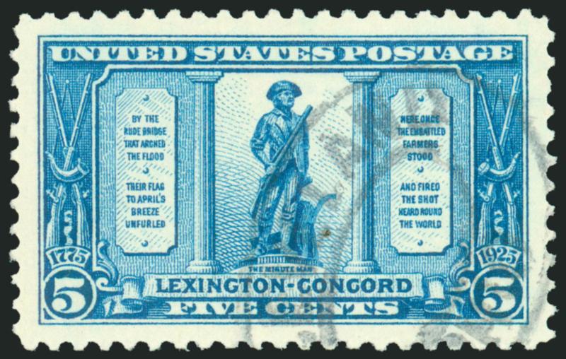 5c Lexington-Concord (619).> Brilliant color on bright paper, huge margins and perfect centering, neat strike of Cleveland double oval, Extremely Fine Gem, a superb stamp in every respect, with 2009 P.S.E.
certificate (Superb 98 SMQ $465.00), this i
