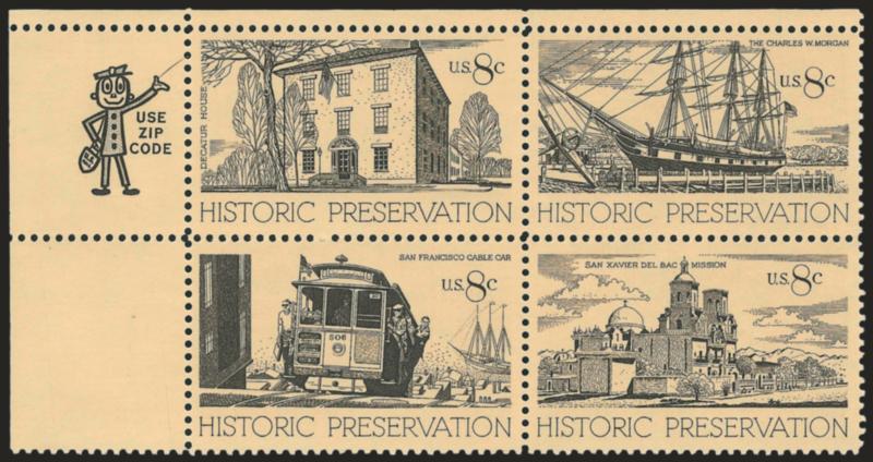 8c Historic Preservation, Ocher Omitted (1443c).> Mint N.H. top left corner block of four with <Mr. Zip> in selvage, beautifully centered on crisp paper<><>^VERY FINE AND RARE BLOCK OF THE HISTORIC PRESERVATION
COMMEMORATIVE WITH OCHER OMITTED. DAT