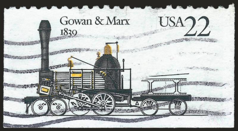 22c Locomotive, Blue Omitted (2366c).> Imperforate at sides and at bottom, wavy-lines machine cancel, short perf at top, otherwise Very Fine, an extremely rare used example of this distinctive error, with 1995
A.P.S. certificate, Scott Catalogue list