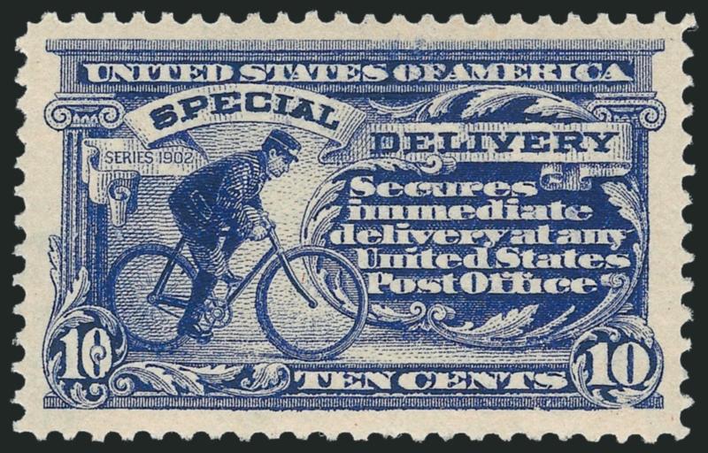 10c Dark Ultramarine, Special Delivery (E8).> Mint N.H., choice wide margins and almost perfectly centered, strong color on fresh white paper, Extremely Fine, with 2009 P.S.E. certificate (XF 90 SMQ
$500.00)