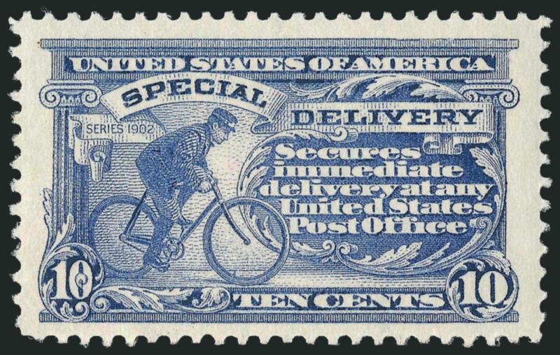 10c Ultramarine, Special Delivery (E8).> Mint N.H., very wide margins of near Jumbo proportions, lovely soft pastel color, Very Fine and choice, with 2009 P.S.E. certificate (VF-XF 85 SMQ $335.00)