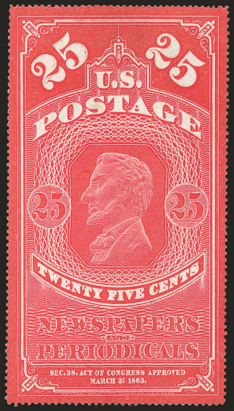 25c Carmine Red, Colored Border (PR3a).> Without gum as issued, brilliant color, unusually choice centering with wide and balanced margins, trivial natural inclusion at center not mentioned on accompanying
certificate, Extremely Fine, scarce in such