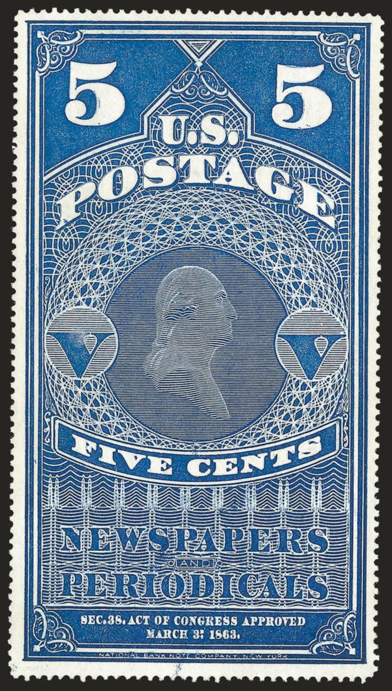 5c Dull Blue, 1875 Reprint (PR5).> Without gum as issued, bright shade in crisp paper, wide margins, Very Fine and choice, with 2007 P.S.E. certificate