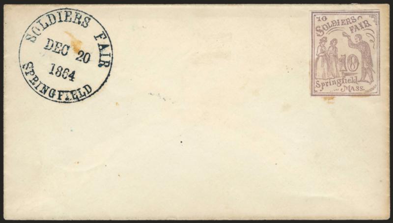 Soldiers Fair, Springfield Mass., 10c Lilac (WV14).> Close margins, affixed with slightly brown gum on cover with proper dark blue Soldiers Fair, Springfield, Dec. 20, 1864 circular datestamp, Very Fine, these
covers were probably prepared in adv
