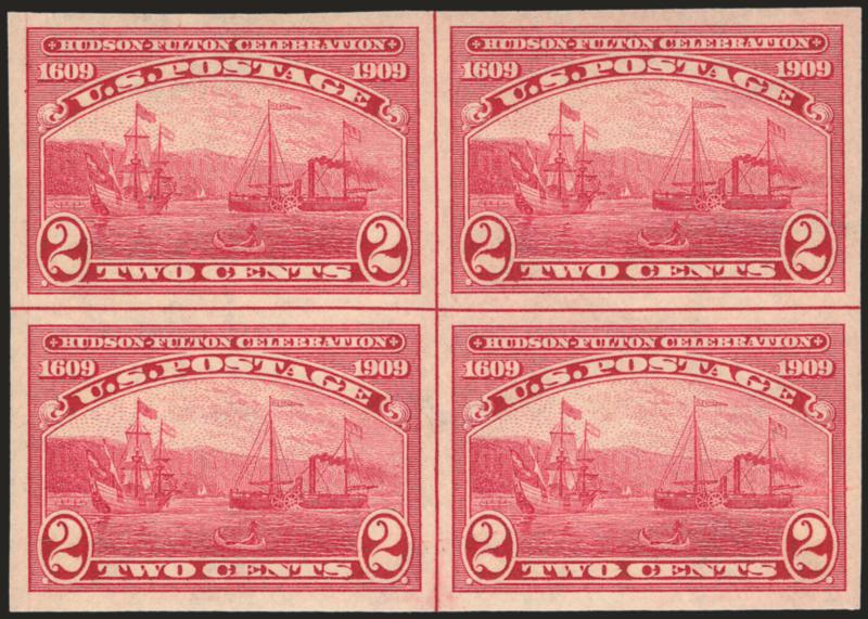 2c 1909 Commemoratives (368373).> Mint N.H. center line blocks of four of the imperforate issues, Nos. 368, 371 and 373, each with large margins, fresh and Extremely Fine set, with 1997, 1998 and 1999 P.F.
certificates respectively