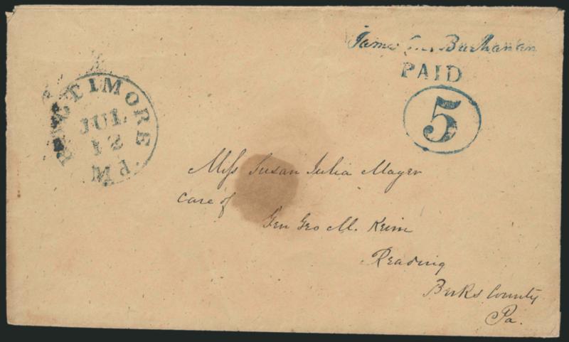 Baltimore Md., 5c Blue on Manila entire (3XU1).> Sharp strikes of provisional markings, blue Baltimore Md. Jul. 12 (1846) circular datestamp on entire addressed to Miss Susan Julia Mayer in Reading Pa., negligible
wax seal stain at center<><>^EXT