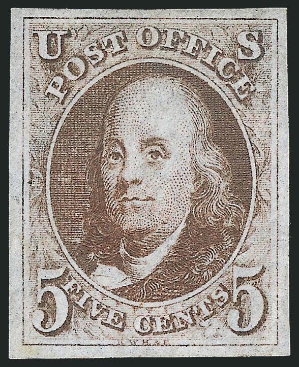 5c Dark Brown (1a).> Part original gum, large balanced margins, wonderful deep rich color and sharply defined impression, light diagonal corner crease<><>^EXTREMELY FINE APPEARANCE. A BEAUTIFUL FOUR-MARGIN
ORIGINAL-GUM EXAMPLE OF THE 5-CENT 1847 IS