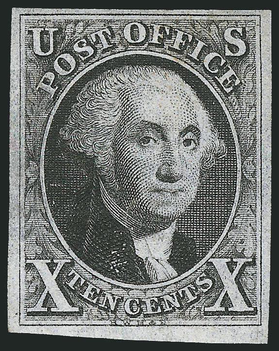 10c Black (2).> Original gum across the entire back of stamp described on accompanying certificate as part original gum, full to large margins, intense shade and impression, trivial toned spots on face and at top
right<><>^VERY FINE APPEARANCE. A R