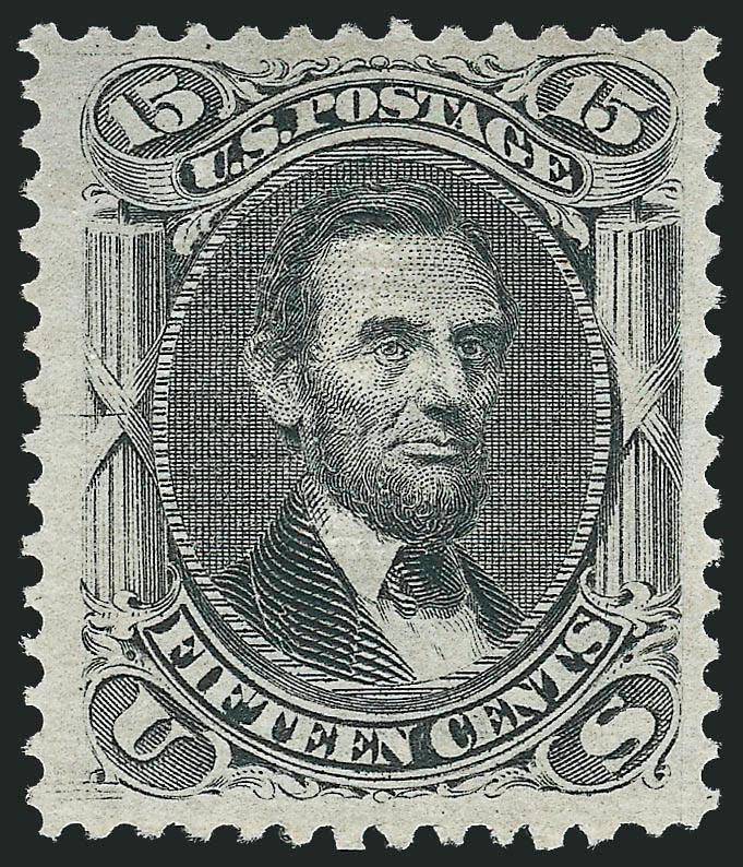 15c Black, E. Grill (91).> Original gum, lightly hinged, bright shade, crisp impression, clearly-defined grill, wide margins<><>^EXTREMELY FINE AND ONE OF THE WIDEST-MARGINED EXAMPLES OF THE 1868 15-CENT E GRILL
WE HAVE EVER ENCOUNTERED.^<><>As a