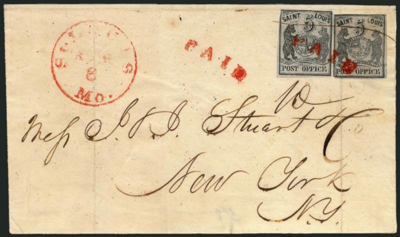 St. Louis Mo., 5c Black on Bluish (11X7).> Type V (Position 3 re-engraved) at left and Type IV (Position 1 re-engraved) at right, each with ample margins almost all around, just barely in in places, tied by
single penstroke and tied together by brigh