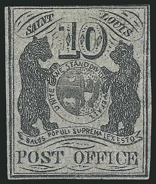 St. Louis Mo., 10c Black on Bluish Pelure (11X8).> Type III, Position 6, ample margins on three sides and just shaved along outer frameline at top, deep impression on fresh paper, accompanying certificate states
faintly cancelled but we cannot dete