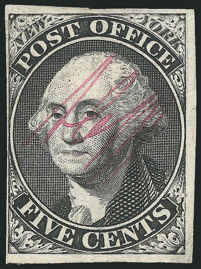 New York N.Y., 5c Black, ACM Initials (9X1).> Unused (no gum), three large margins, clear at left, detailed impression, fresh and Fine, with 1979 P.F. certificate