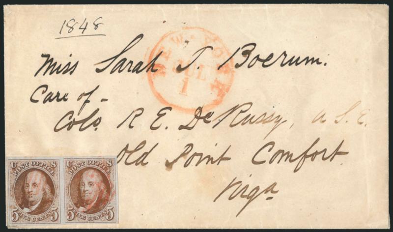 5c Red Brown (1).> Horizontal pair, brilliant color, cancelled by light strikes of red square grids, matching New-York Jul. 1 circular datestamp on cover to Old Point Comfort Va., 1848 docketing at top left,
trivial edgewear, Very Fine, a beautiful