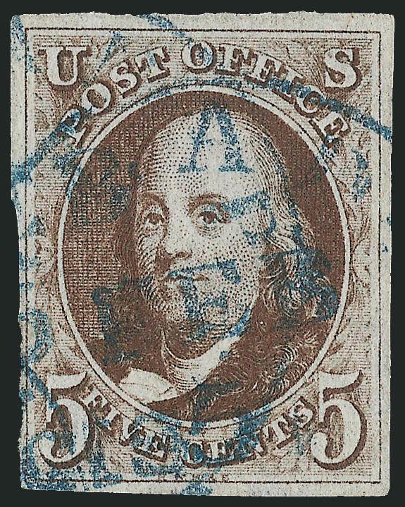 5c Red Brown, Dot in S (1).> Large margins to ample at left, deep rich color and early impression, cancelled by <blue Philadelphia circular datestamp,> fresh and Fine, ex Rust, this plate variety is known to
occur in the ninth vertical row of the l
