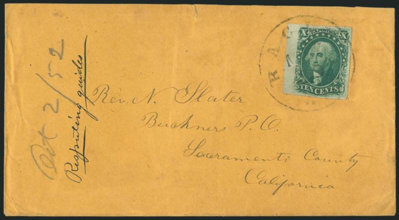 10c Green, Ty. III (15).> Huge margins all around including <sheet margin at left,> intense shade, tied by neat strike of Racine Wis. May 30 circular datestamp on orange cover to Buckners P.O. Cal., pencil
<<Oct. 252>> docketing at left, missin