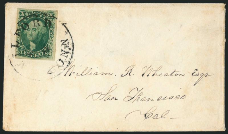 10c Green, Ty. III (15).> Large even margins, tied by Milford Conn. Oct. 4 circular datestamp on cover to San Francisco, few light age spots, Very Fine
