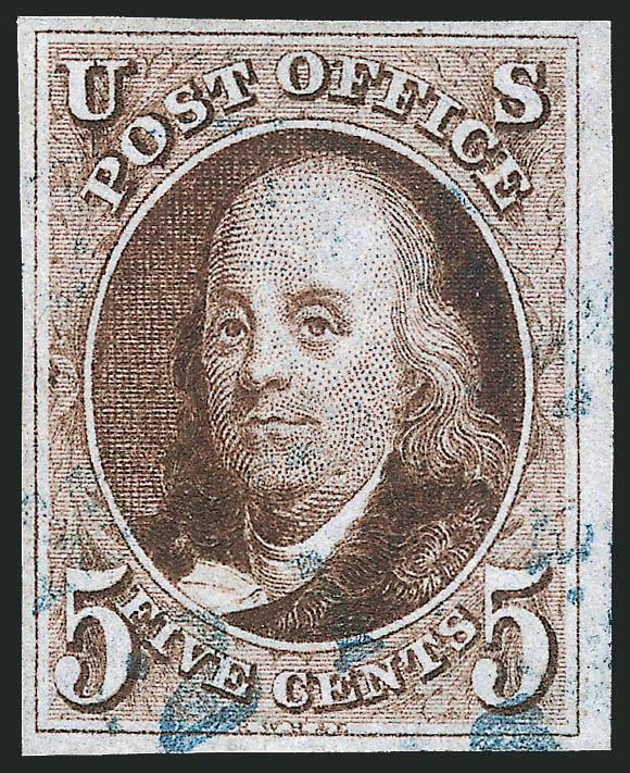 5c Dark Brown (1a).> Full to large margins, intense dark shade and gorgeous impression, light strike of <blue circular datestamp> leaves entire design clearly visible, fresh and Very Fine, a stamp with tremendous
visual appeal