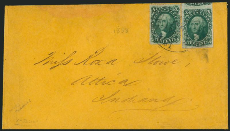 10c Green, Ty. III (15).> Huge margins including significant portion of adjoining stamp at top, <used with perforated 10c Green, Ty. III (33)> and tied by light strike of San Francisco Cal. Jun. 20 circular
datestamp on orange cover to Attica Ind.,