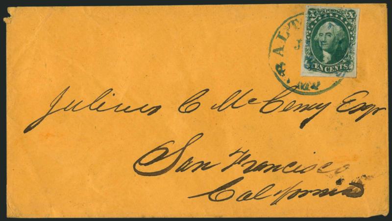 10c Green, Ty. IV (16).> Position 55L1, recut at bottom, deep rich color, large margins all around, tied by <blue> Baltimore Md. Jan. 3 circular datestamp on orange cover to San Francisco Cal., trivial edgewear,
the stamp is Extremely Fine, with 19