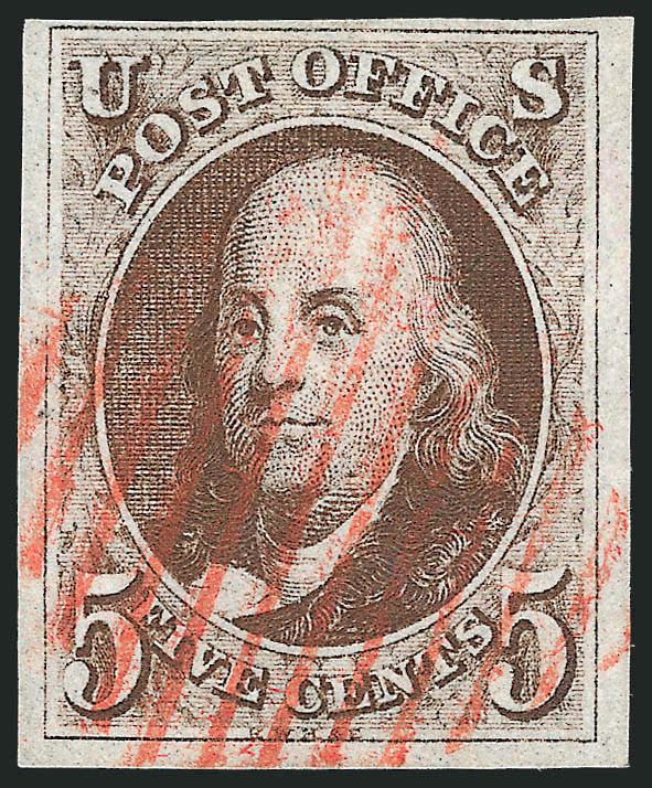 5c Dark Brown (1a).> Small <dash in U> plate variety, large margins to ample at top, neat strike of red New York square grid cancel, Very Fine