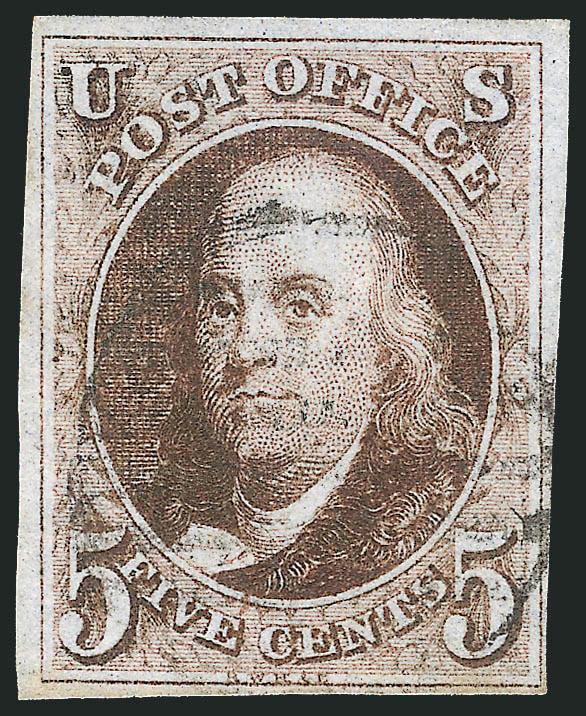 5c Dark Brown (1a).> Large margins to clear at lower right, intense shade, light strike of <black grid> cancel, fresh and Fine, desirable with the black grid cancel
