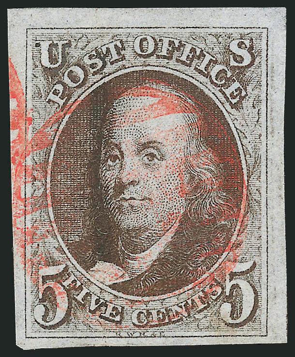 5c Grayish Brown (1a var).> Large to huge margins including what is probably part of the top sheet margin, rich color, unobtrusive strike of red grid cancel, vertical crease at left, Extremely Fine appearing
example of this scarce shade