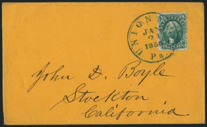 10c Green, Ty. II (32).> Wide margins, tied by <blue> Uniontown Pa. Jan. 31, 1858 circular datestamp on orange cover to Stockton Cal., slightly reduced at left, fresh and Very Fine