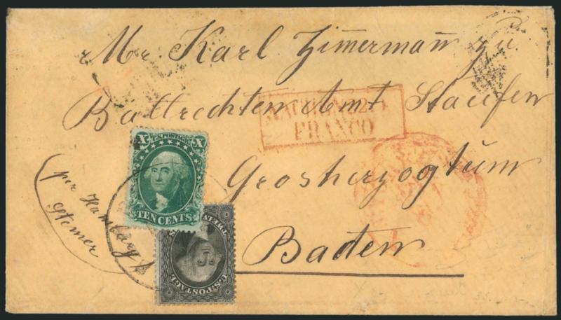 10c Green, Ty. IV (34).> Position 64L1, <recut at top and bottom, used with 12c Black, Plate 1 (36)> and tied overlapping by neat strike of circular datestamp on cover <to Baden, Germany,> red Jan. 8 New York
transit circular datestamp, red boxed Aa