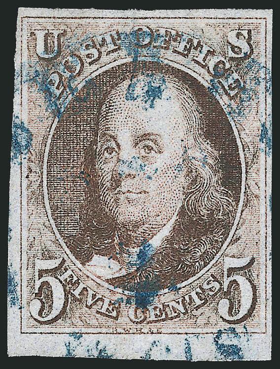 5c Dark Brown (1a).> Large margins all around including <sheet margin> at bottom, neat strike of <blue circular datestamp,> tiny thin speck at top right, Very Fine appearance, with 1989 note from Dr. Amonette
describing this as Black Brown, in our op