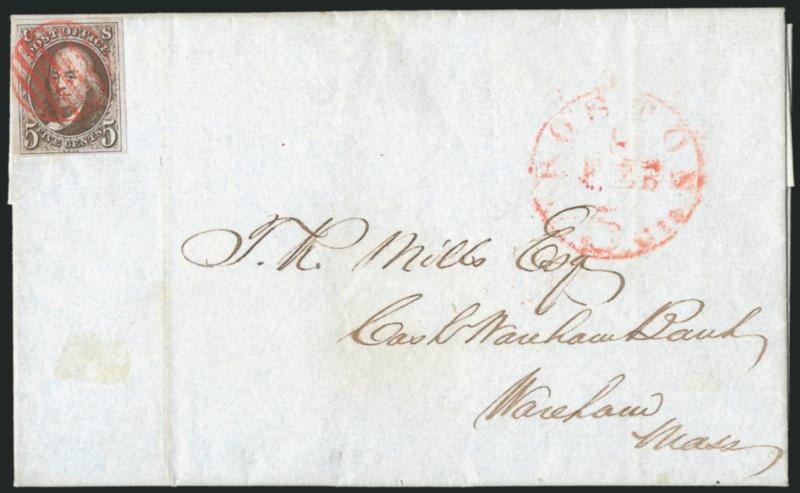 5c Blackish Brown (1a var).> Large margins to clear, light diagonal crease at lower left, tied by red grid, matching Boston 5cts. 8 Feb. integral-rate circular datestamp on 1848 folded letter to Wareham Mass.,
light vertical file folds well away fr