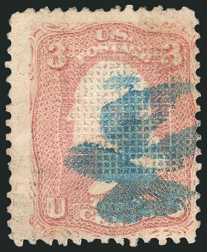 3c Rose, C. Grill (83).> Clear grill, bold strike of lue Bird fancy cancel> of Rockville Ill., also showing <partial grill erasure at right,> light corner creases, appears Fine, scarce cancel and with the
partial erasure, with 1987 P.F. certificate