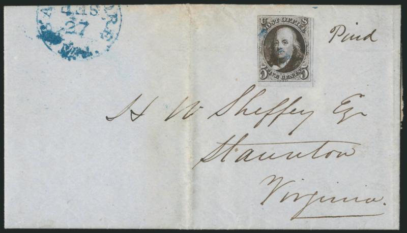 5c Blackish Brown (1 var).> Huge margins to just in, intense shade and impression, cancelled by <blue Paid> handstamp, matching Baltimore Md. Sep. 27 circular datestamp struck partly off top of 1848 folded letter
to Staunton Va., vertical file fo