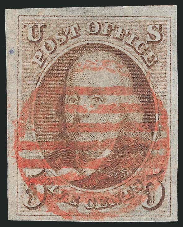 5c Red Brown (1).> Large even margins, radiant color, neat strike of red grid cancel, tiny extraneous blue ink spot at upper left, otherwise Extremely Fine