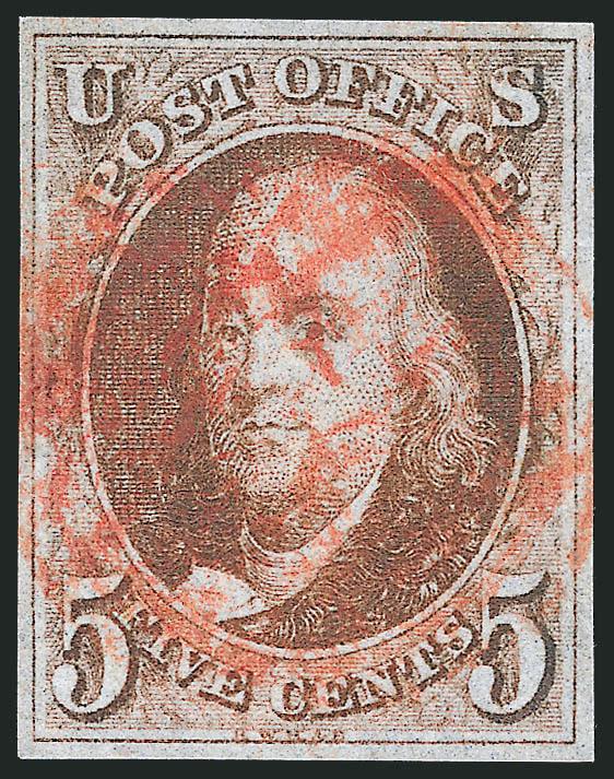 5c Red Brown, Dot in S (1 var).> Position 69L1, full margins all around, rich color, red grid cancel leaves the dot clearly visible, Very Fine, this plate variety is known to occur in the ninth vertical row of
the left pane and varies in intensity