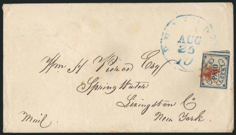 U.S.P.O., Philadelphia Pa., 1c Blue (7LB12).> Large margins to clear including part of adjoining stamp at right, <tied> by red star and blue Philada. Pa. 10 Aug. 25 integral-rate circular datestamp on cover to
Spring Water N.Y., with original 1850-