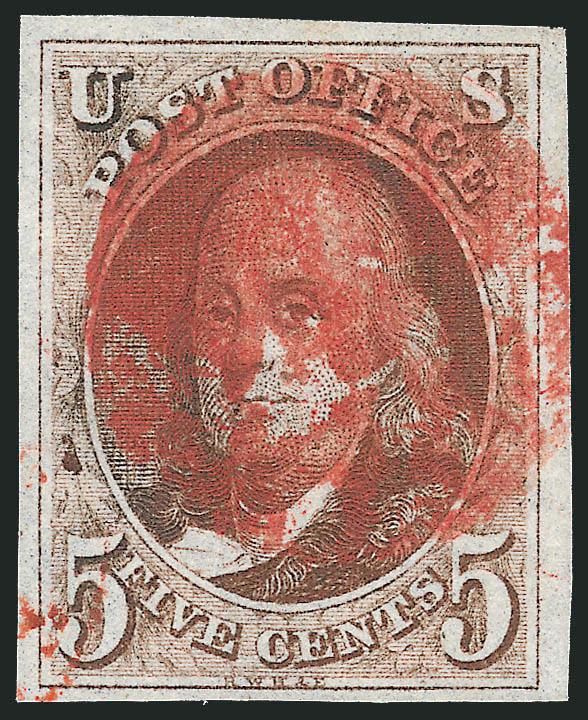 5c Red Brown (1).> Large margins to full at bottom, deep shade described on accompanying certificate as Brown, bold strike of red grid cancel and also trace of manuscript at left, Very Fine, with 1979 P.F.
certificate