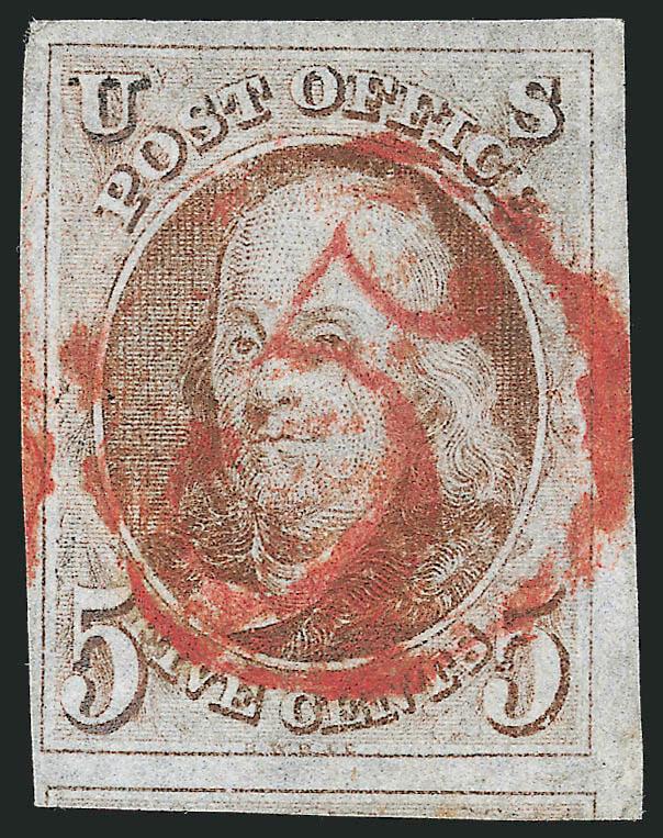 5c Red Brown (1).> Huge margins including part of adjoining stamp at bottom, full at left, bright shade, bold strike of <red 5 in circle> handstamp, Very Fine, an attractive stamp, ex Pope, with 1986 P.F.
certificate