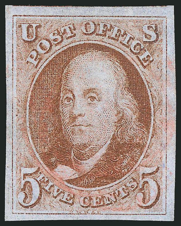 5c Red Brown (1).> Huge margins all around, unobtrusive strike of red grid cancel leaves entire design clearly visible, small repair at right, Extremely Fine appearance