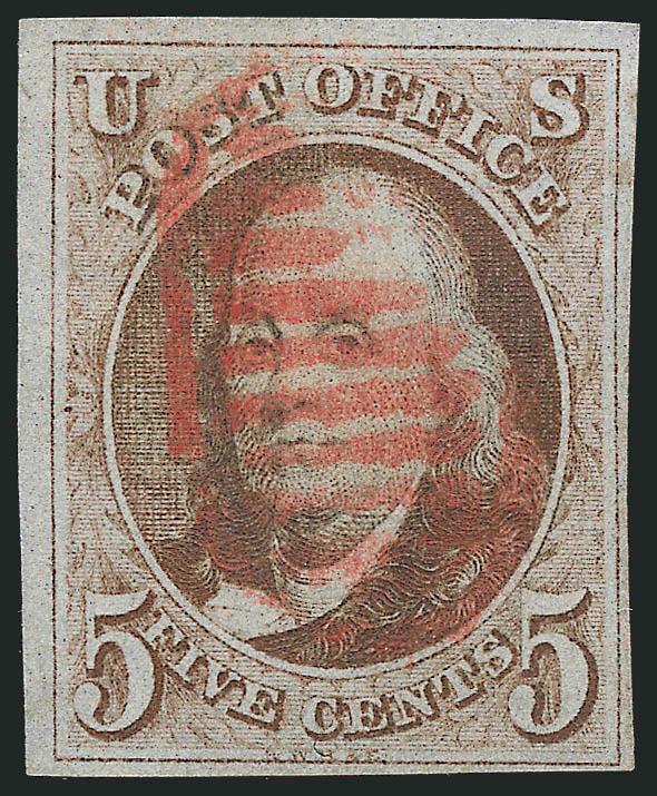 5c Red Brown (1).> Large margins to ample, bright shade, neat strike of <St. Johnsbury red Scarab fancy cancel,> light diagonal creases and small toned spots at upper right, Very Fine appearing example of this
rare fancy cancel, with 1998 P.F. certif