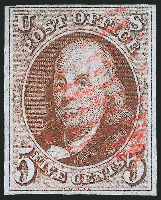 5c Red Brown (1).> With <stitch watermark,> ample margins to clear, bright shade, neat strike of red New York square grid cancel, Fine, with 1991 P.F. certificate