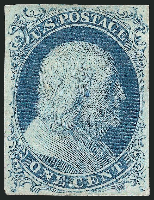 1c Blue, Ty. II, Plate 3 (7).> Position 90R3 with <major double transfer> at bottom, unused (no gum), full even margins, deep shade and sharp impression showing double transfer lines, diagonal crease at bottom
left corner<><>^EXTREMELY FINE APPEARA