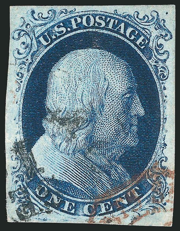 1c Blue, Ty. II (7).> Position 2L4 with <clear break in outer line at bottom, which meets the definition of Type IIIa,> large margins all around, light strike of circular datestamp, also <reddish French
octagonal datestamp> at lower right, small natu