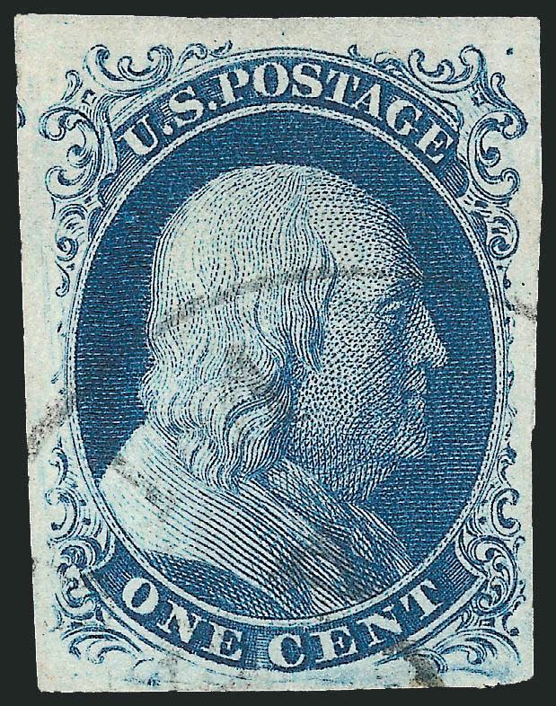 1c Blue, Ty. II (7).> Position 3L4 with <clear break in outer line at bottom, which meets the definition of Type IIIa,> large margins, crisp Plate 4 shade and impression, neat strike of circular datestamp,
Extremely Fine, a choice top row Plate 4 sta