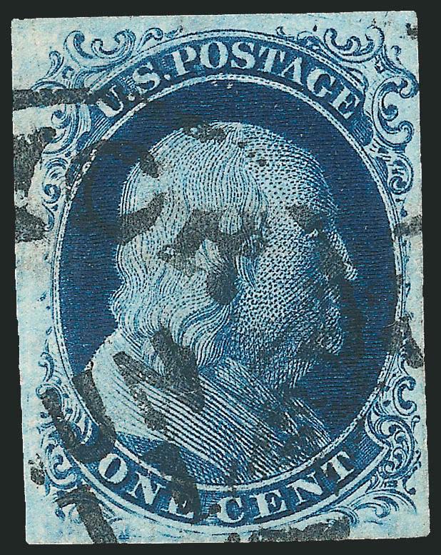 1c Blue, Ty. II (7).> Position 1L4, mostly large margins to clear at upper right, deep rich color, bold strike of New-York Jun. 11 (1857) circular datestamp, Very Fine and choice, a wonderful example from the
top row of Plate 4