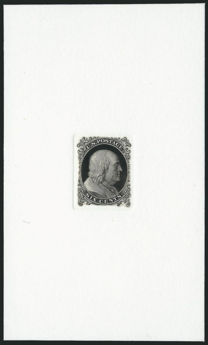 Toppan, Carpenter, Casilier & Co., Six Cents Black, Die Essay on India (5-E2).> Cut to shape as always, mounted on 75 x 127mm card with die sinkage area, intense impression<><>^VERY FINE. A RARE EXAMPLE OF THE
1851 SIX CENTS FRANKLIN ESSAY PROD